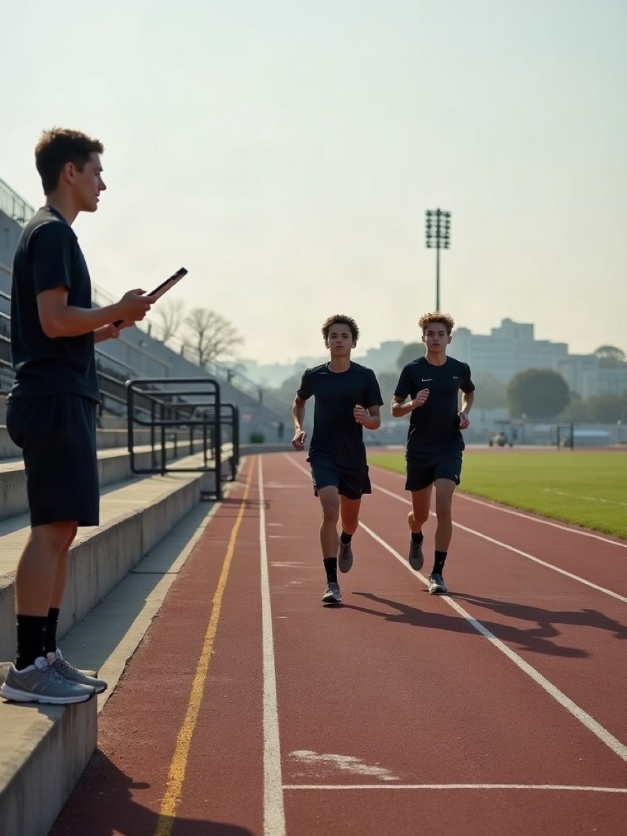 Young athletes drilling on a cinder track while a coach watches from the rail