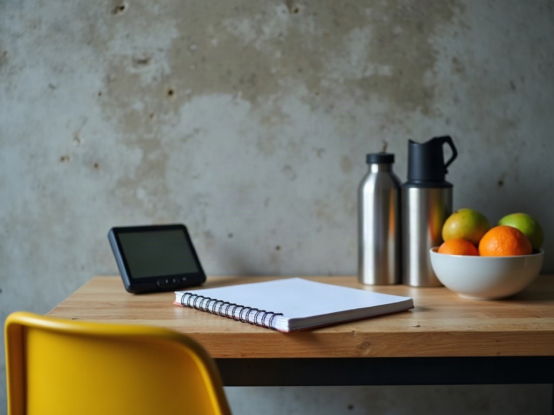 Closed notebook, water bottle, and fruit on a training consult table