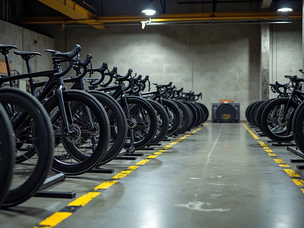 High-tech road and track bicycles lined on black stands in a concrete retail floor