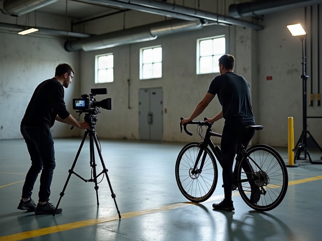 Small film crew shooting a cyclist inside a concrete gym